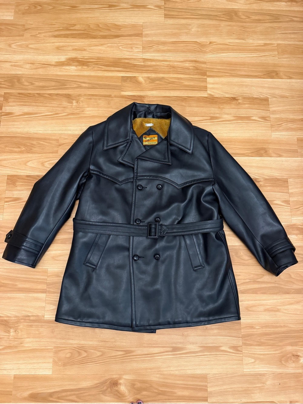 Amerex said Black Double-Breasted Faux Leather Trench Coat with Belt